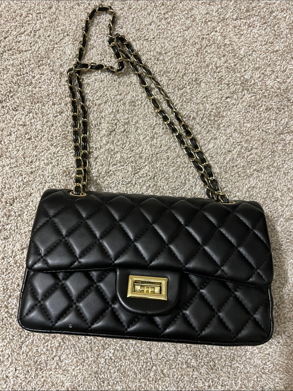 Classic Black Quilted Chain Shoulder Bag with Gold Hardware